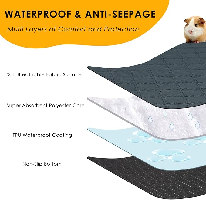 4 Pack Guinea Pig Cage Liners Washable Guinea Pig Bedding Reusable Waterproof Super Absorbent Guinea Pig Pee Pads Anti Slip Mat for Small Animals Rabbit Hamster Rat - 24" x 18"