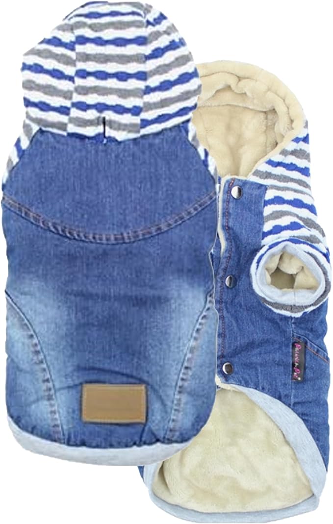 Parisian Pet Basic Hoodie - Lightweight Denim Striped Sweatshirt for Dogs With Leash Hole and Pockets - Blue Cotton Clothes for Small Dogs - S