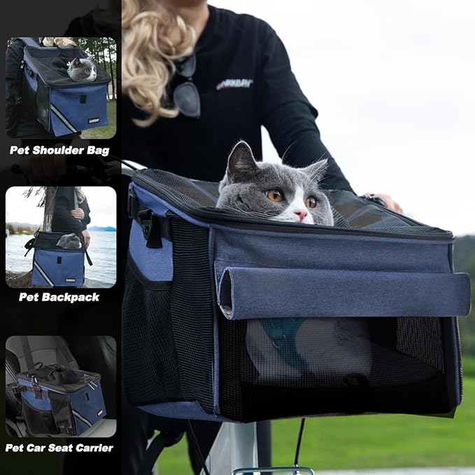 Pet Carrier Bicycle Basket Bag Pet Carrier/Booster Backpack for Dogs and Cats with Big Side Pockets,Comfy & Padded Shoulder Strap,Travel with Your Pet Safety（Classic Blue）