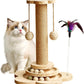 Cat Scratching Post, 4 in 1 Wooden Cat Scratcher Toy, 17.7" Tall Scratch Post with 2 Level Cat Track Balls, Interactive Feather Toy and 2 Sisal Hanging Balls for Indoor Kittens, Adult Cats