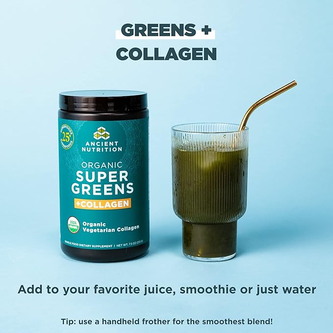 Ancient Nutrition Supergreens Powder, Organic Superfood Powder with Collagen, Made from Real Fruits, Vegetables and Herbs, for Digestive and Energy Support, 25 Servings, 7.5oz