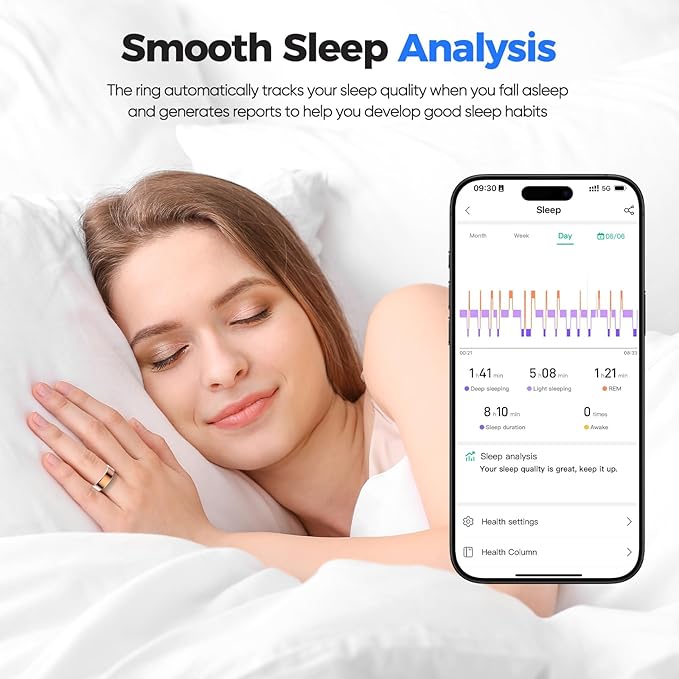 Smart Ring with Sleep Monitoring, No APP Subscription, 10-Day Battery Life, Stress/Heart Rate/Women's Health Tracker, Android & iOS Compatible (Black, 10)