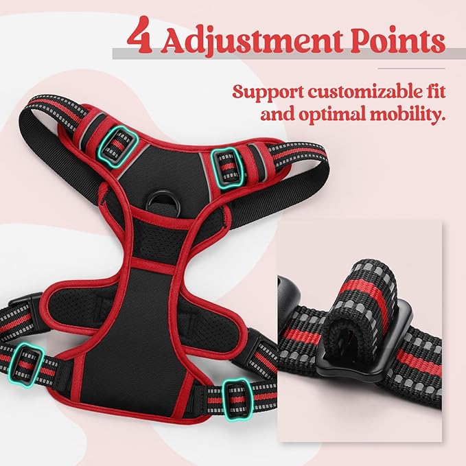 rabbitgoo Dog Harness No Pull with 2 Leash Clips, Adjustable Soft Padded, Reflective Oxford No Choke Pet Vest with Easy Control Handle for Large Dogs, Black & Red, L