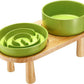 Ceramic Slow Feeder and Water Bowl Set for Small Dogs, Ceramic Dog Bowls Elevated with Wooden Stand, 0.6 Cups Dog Slow Feeder(14oz) and 30oz Water Bowl Set, Green