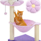 Flower Cat Scratching Post, 28" Cute Cat Tree Tower for Indoor Cats with Large Hammock Soft Perch Bed, Replaceable Toy Ball for Kittens, Purple