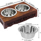 Elevated Pet Feeder for Dogs and Cats - Scroll Carved Wood Raised Dog Bowl Stand - Pet Feeding Stand with Two Steel Bowls - Raised Dog Bowl for Food and Water - Pet Feeding Station -17x11x4- IRONGATE