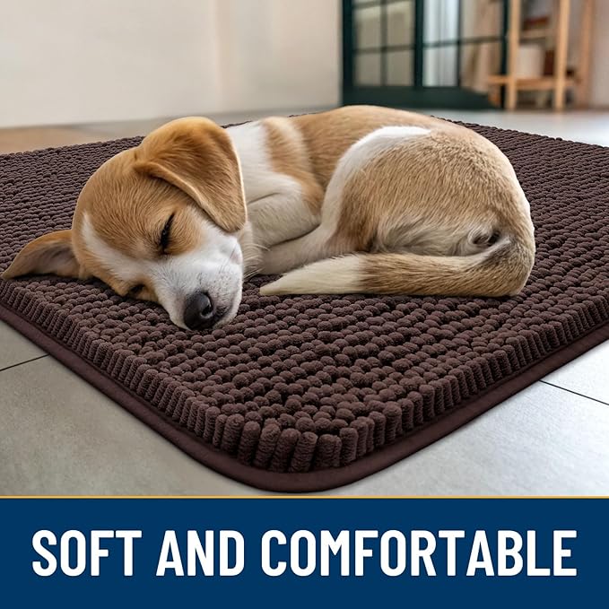 Smiry Dog Door Mat for Muddy Paws 30x20, Absorbs Moisture and Dirt Doormat, Non-Slip Washable Quick Dry Chenille Front Door Mat Indoor Entrance, Entryway Carpet for Inside Floor, Brown
