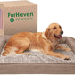 Furhaven Cooling Gel Dog Bed for Large Dogs w/ Removable Bolsters & Washable Cover, For Dogs Up to 95 lbs - Luxe Faux Fur & Performance Linen Sofa - Woodsmoke, Jumbo/XL