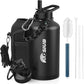 Insulated Water Bottle 64 oz, Triple Wall Vacuum Stainless Steel(Cold for 48 Hrs),Leak Proof & BPA-Free,Half Gallon Water Bottle with Reflective Paracord & Flip Straw for Sports & Travel, Black