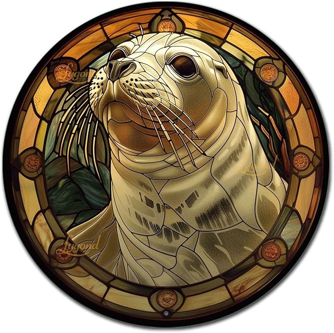 Lygond Metal Sign Tin Sign Circular Stained Glass Harbor Inspirational Wall Art for Bar 8×8 Inches