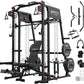Mikolo Smith Machine, 2200lbs Squat Rack with LAT-Pull Down System & Cable Crossover Machine, Training Equipment with Leg Hold-Down Attachment
