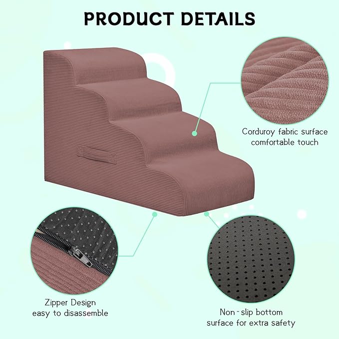 Dog Steps for Small Dogs, 3-Step Pet Ramp Stairs for High Beds and Sofa, Non-Slip Pet Stairs for Small Dogs and Cats, Removable and Easy to Clean Cover, Pink