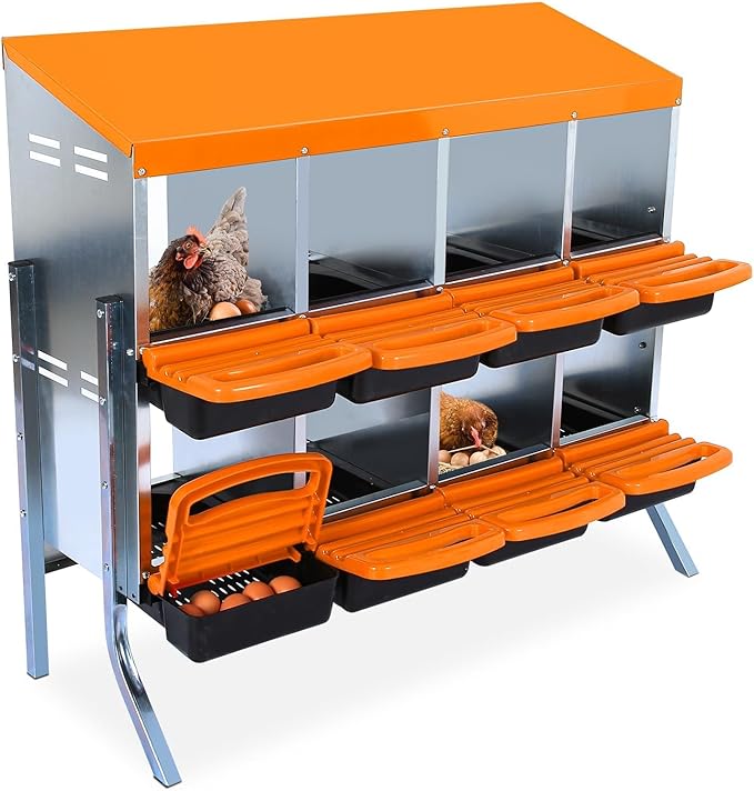 Chicken Nesting Boxes, 8 Hole Metal Chicken Laying Box with with Removable Trays and Roll Out Egg Collection for Chicken Coop, with Metal Bracket, Orange