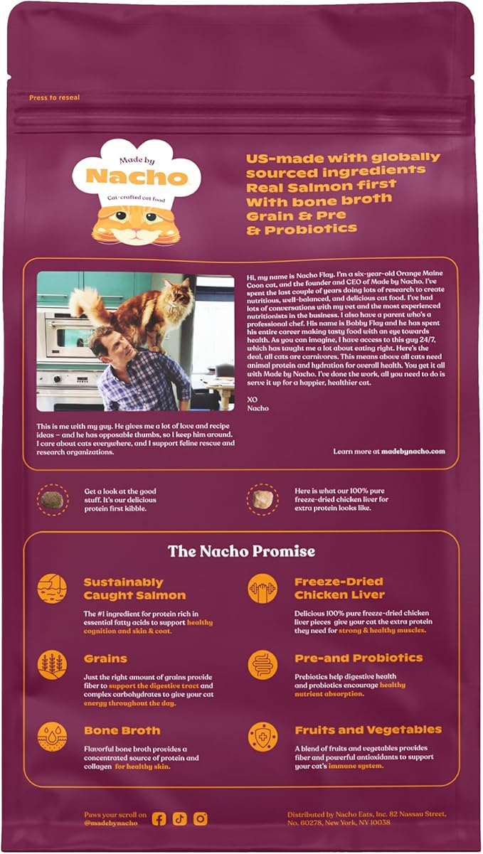 Made by Nacho Dry Cat Kibble 10lb Bag, High Protein Premium Cat Food with Freeze Dried Pieces, Sustainably-Caught Salmon, Whitefish & Pumpkin, Limited Ingredients, Single Bag