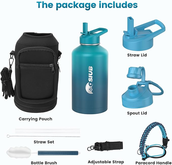 Insulated Water Bottle 64 oz, Triple Wall Vacuum Stainless Steel(Cold for 48 Hrs),Leak Proof & BPA-Free,Half Gallon Water Bottle with Reflective Paracord & Flip Straw for Sports & Travel, CyanBlue