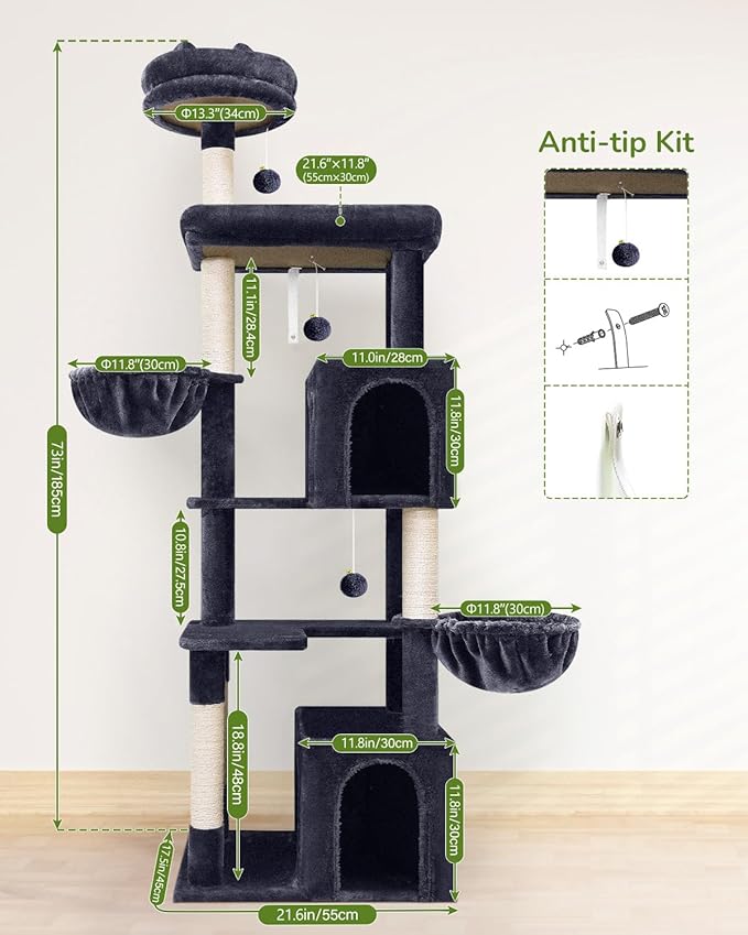Globlazer Heavy Duty Cat Tree Tower, 73in Tall Cat Tree for Indoor Cats Large Adult, Cat Condo for Large Cats with 5 Scratching Posts, 2 Cat Caves, 2 Padded Perches, 2 Hanging Baskets, F73, Dark Gray