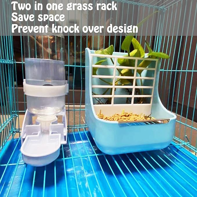 HERCOCCI PET Feeder and Water Bottle Set, Large Blue (500ml), Durable Hay Food Bin Feeder, Food Bowl, Gravity-Fed Water Dispenser for Rabbit, Guinea Pig, Chinchilla