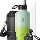 Half Gallon Water Bottle Insulated with Straw & 3 Lids, Coolflask 64 oz Water Jug Large Metal Stainless Steel Wide Mouth for Sports, Gym or Office, Non-BPA Keep Cold 48H Hot 24H, Ombre Green