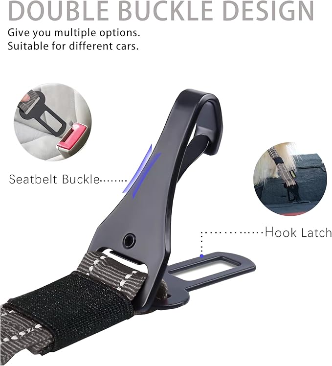 AUBELL Dog Seat Belt for Car,2 Pack Set 3-in-1 Adjustable Reflective Bungee Heavy Duty Dog Car Harness Tether with Clip Hook Latch & Buckle,Swivel Zinc Alloy Carabiner,Black+Grey