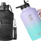 Trebo 64oz Water Bottle Insulated with Straw Lids,Half Gallon Double Wall Vacuum Stainless Steel Metal Large Jug with Handle,Wide Mouth Flask Mug with Carry Pouch,Keep Cold Hot,Ombre: Purple Green