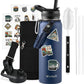 40 oz Insulated Water Bottle with Straw (Cold for 48 Hrs), Stainless Steel Triple Wall Vacuum Sports Water Jug, Leakproof Hydro Cup Flask with Paracord Handle & Straw Spout Lids & DIY Stickers