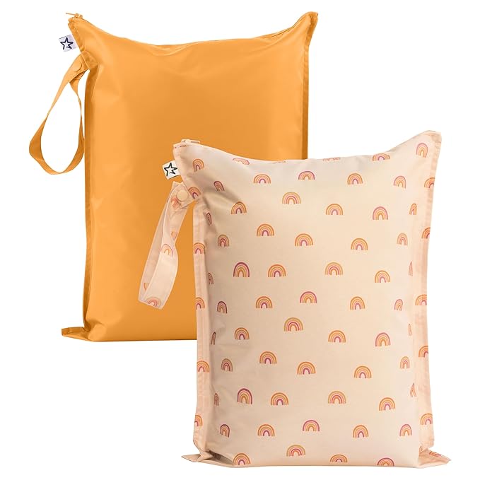 Tiny Twinkle Mess-Proof Waterproof Wet Dry Bag | 2-Pack Reusable Wet Bags for Swimsuits & Baby Clothes | Leakproof Wet Bag for Travel & Diaper Changes for Baby (Boho Rainbow)