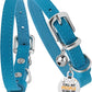 BRONZEDOG Leather Cat Collar with Removable Bells Non Breakaway Kitten QR Tag for Girl Boy (9" - 12" Cats/Mini Dogs, Blue & Silver)