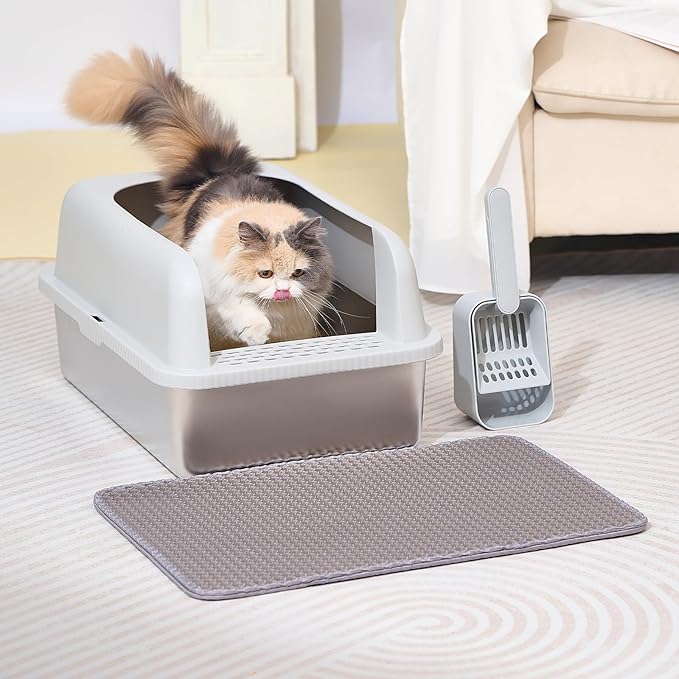 2 Pack Stainless Steel Cat Litter Box with Lid, 20" L x 14.2" W x 11.8" H, Extra Large Litter Box for Big Cats with High Sided, Anti-Urine Leakage, Easy Cleaning, Include Cat Mat and Scoop