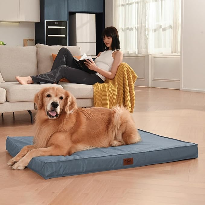 Outdoor Extra Large Dog Bed, Jumbo Waterproof Dog Bed for Large Dogs, Orthopedic Egg Foam Pet Bed Mat with Removable Oxford Cooling Cover, Blue