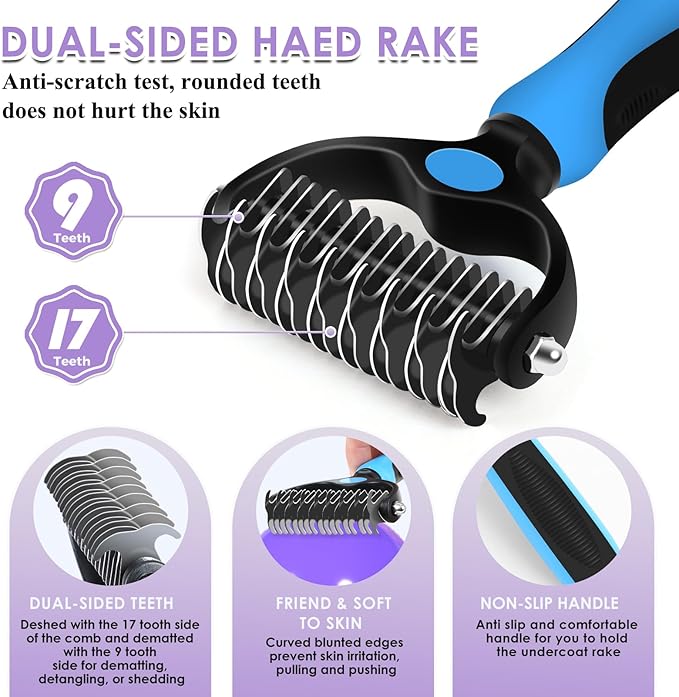 Large Slicker Brush for Dogs - 3PC Pet Grooming Kit - Undercoat Rake & Stainless Comb | Long Pins Remove Mats on Poodles, Golden, Labradoodles | Thick Coat Deshedder for Dogs, Cats, Purple