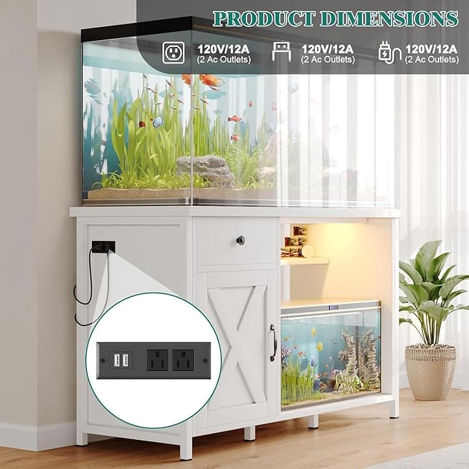 55 Gallon Fish Tank Stand with LED Light & Power Outlets, 55-75 Gallon Aquarium Stand with Drawer & Barn Door, 50" L x 20" W Cabinet for 2 Fish Tank Accessories Storage, Turtle Tank, Antique White