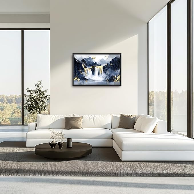 Extra Large Abstract Golden Waterfall Framed Wall Art for Living Room,Oversized Foggy Mountain Pictures Wall Decor,Canvas Print Painting Modern Artwork Bedroom Office Bathroom 36L" x 24W"