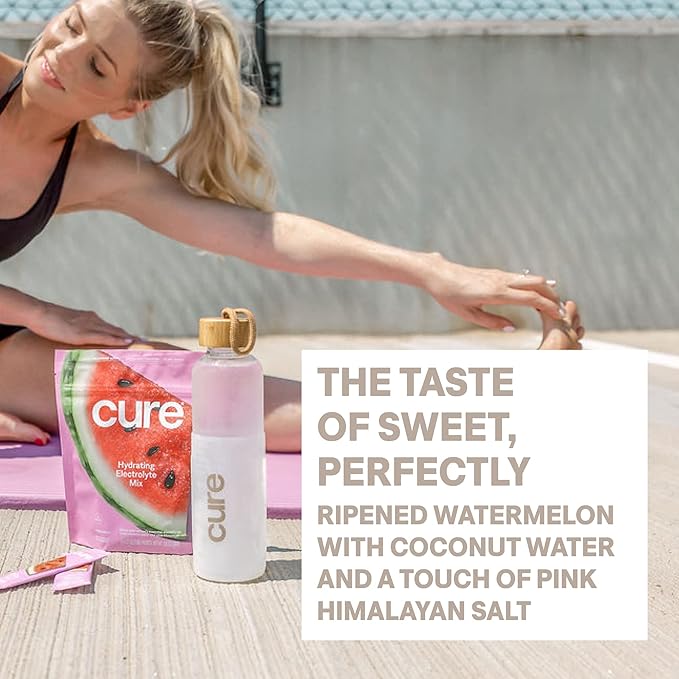 Cure Hydration | Plant-Based Electrolyte Drink Mix | No Added Sugar | FSA-HSA | Dehydration Relief Powder Made with Coconut Water | Non-GMO | Vegan | Pouch of 14 Packets - Watermelon