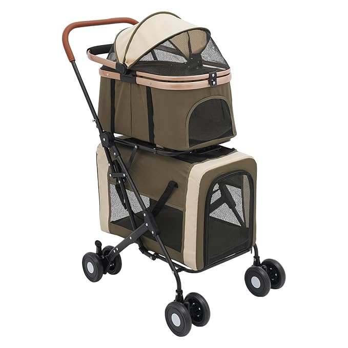 2-Layers Pet Stroller for 2 Cats/Dogs,Foldable Lightweight 77lbs Capacity Carrier, 4 Wheels, Removable Basket & Storage Pocket,for Small Pets (Green)