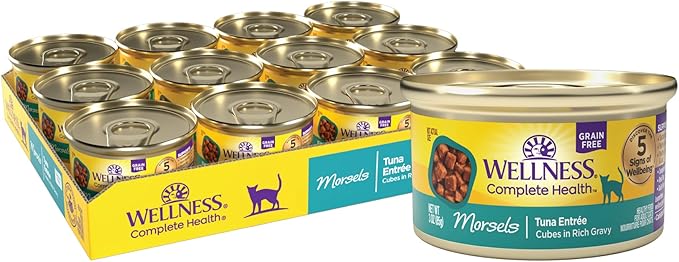 Wellness Complete Health Cubed Adult Wet Cat Food, Natural, Protein-Rich, Grain Free, 3 Ounce, 24 Pack, (Tuna Entrée)
