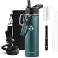 Insulated Water Bottle 20 oz, Triple Wall Vacuum Stainless Steel (Cold for 48 Hrs), Leak Proof & Non-BPA, Kids Water Bottle Jug for School with Straw Spout Lids, Dark Green