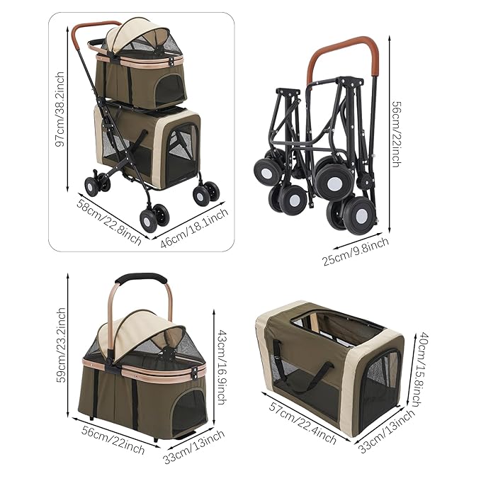 2-Layers Pet Stroller for 2 Cats/Dogs,Foldable Lightweight 77lbs Capacity Carrier, 4 Wheels, Removable Basket & Storage Pocket,for Small Pets (Green)