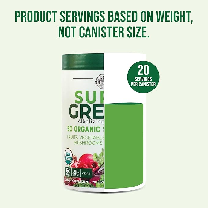 COUNTRY FARMS Super Greens Natural Flavor, 50 Organic Super Foods, USDA Organic Drink Mix, Fruits, Vegetables, Super Greens, Mushrooms & Probiotics, Supports Energy, 20 Servings, 10.6 Oz