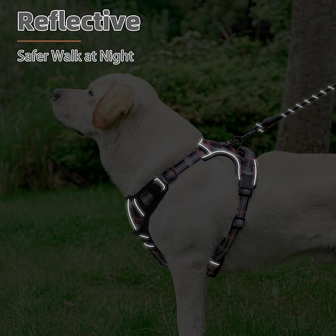 PUPTECK No Pull Dog Harness for Large, Adjustable Reflective Dog Harness with Handle Easy Control, Comfortable Soft Padded Pet Vest Harness for Large Dogs, Plaid Black XL