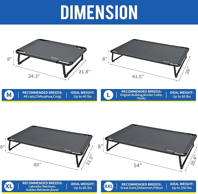 Elevated Dog Bed, Outdoor Dog Bed Raised Bed Cooling Waterproof Pet Beds Cots Stable and Easy Assembly, Teslin Fabric with 1.2mm Thick Iron Frame, Breathable, Ultra-Sturdy，Grey, 48 * 32 * 8.7