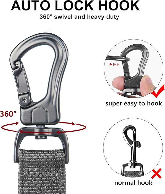 TwoEar 6FT 1IN Strong Gray Dog Leash with 2 Padded Handles, Traffic Handle Extra Control, Comfortable Soft Dual Handle, Auto Lock Hook, Reflective Walking Lead for Small Medium and Large Dogs