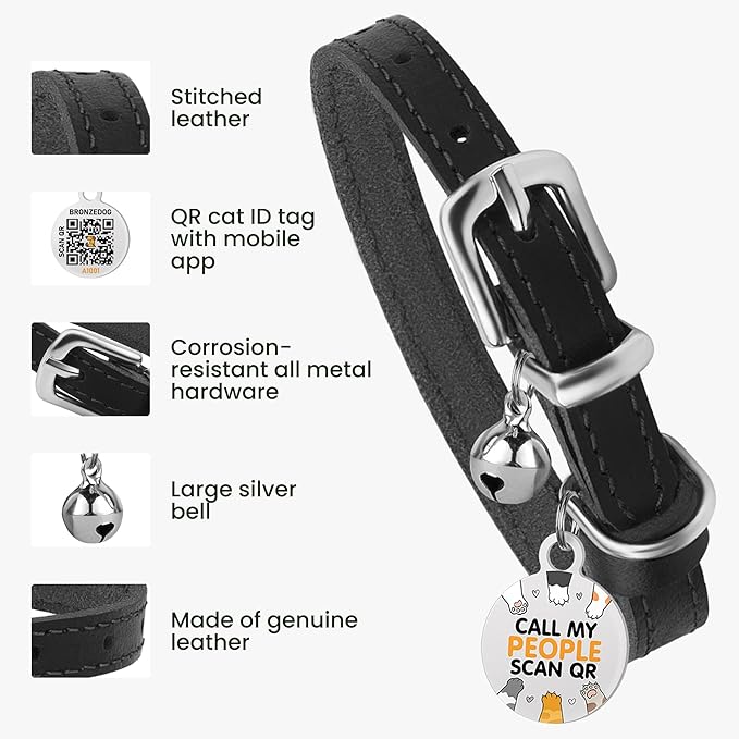 BRONZEDOG Leather Cat Collar with Removable Bells Non Breakaway Kitten QR Tag for Girl Boy (7" - 9" for Cats, Black & Silver)