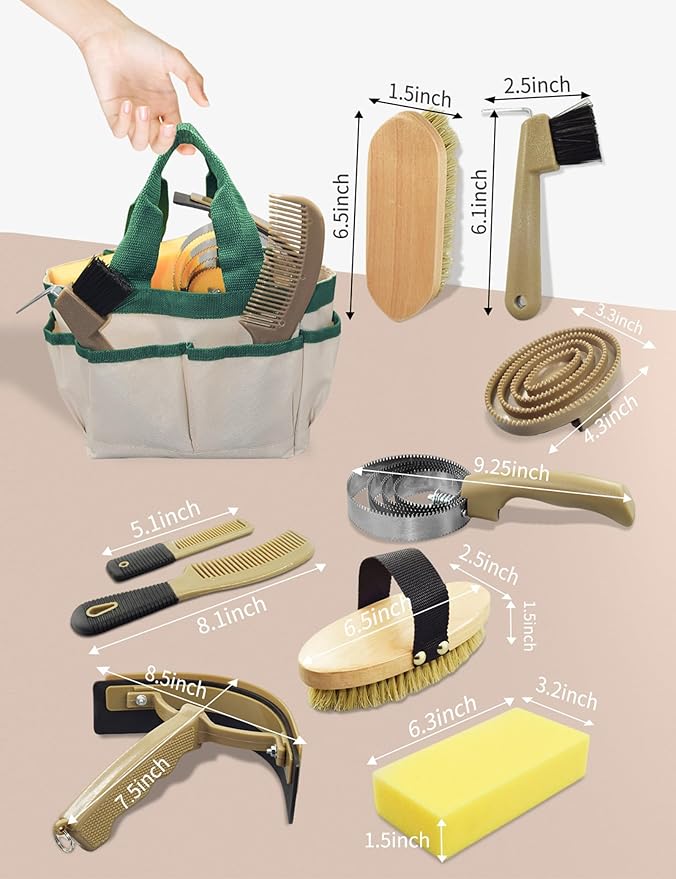 9 Pieces Horse Grooming Kit, Tack Room Supplies Set with Tote Bag, Horse Brush Set for Effective Cleaning and Bathing, Professional Equine Coat Care Kit for Horse Riders Beginner