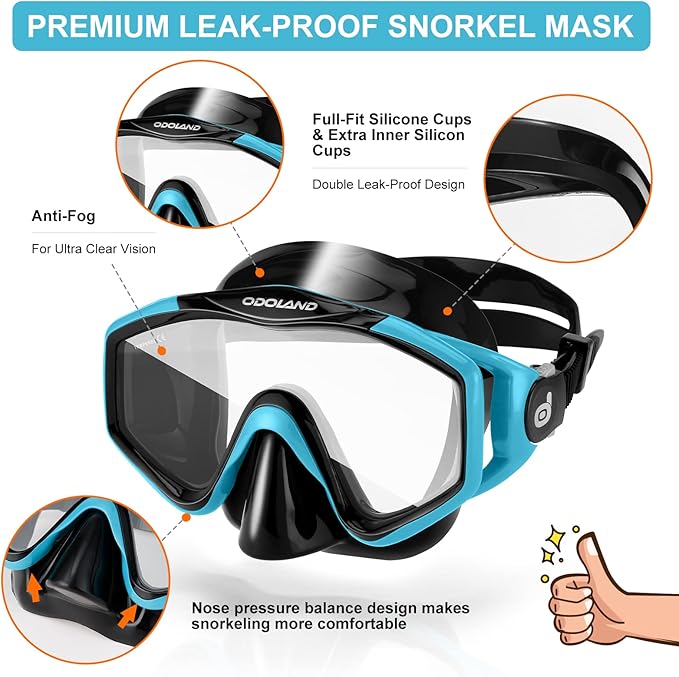 Odoland Kids Snorkeling Packages Snorkel Set, Dry Top Snorkel Mask with Adjustable Swim Fins for Boys and Girls Age 7-14