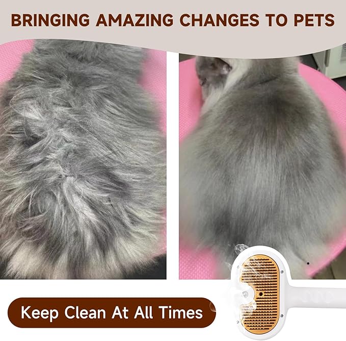 Pet Steam Brush for Dog & Cat – 3-in-1 Spray Hair Removal Comb – Steam for Shedding & Grooming – Water Brush for Long & Short Haired Pets – Spritz Defur Comb – Includes 2*Waterless Shampoo