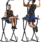 Sunny Health & Fitness Power Tower, Dip Bar, Push-Up & Pull Up Assisting Parallette Station w Optional Rock Climbing Grip Trainer