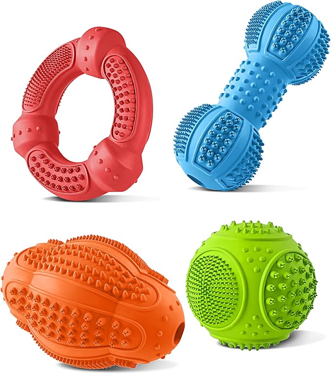 Dog Chew Toys 4 Pack, Dog Toys for Aggressive Chewers Small Medium Large Breed, Multifunctional Teeth Cleaning and Gum Massage, Tough Dog Toys with Natural Rubber for Puppy and Medium Large Dog
