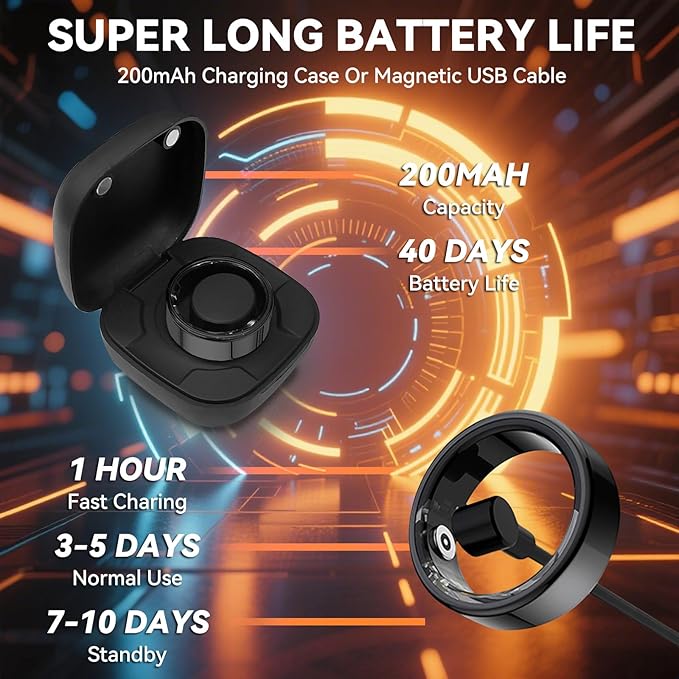 Smart Ring for Men Women with Black Charging Box, Bluetooth, Health Ring , IP68 Waterproof, Fitness Ring Tracks Heart Rate/Sleep/Steps/Sports Activities/Blood Oxygen,non-subscription app (Black, 12)
