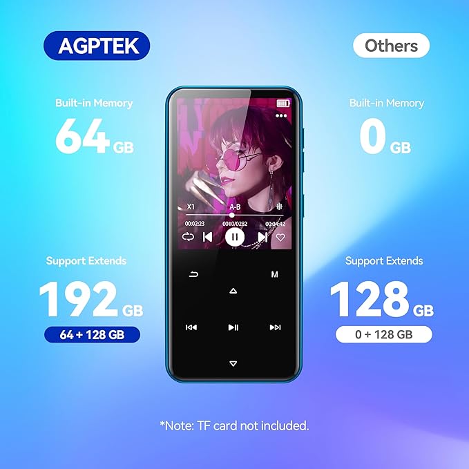 AGPTEK 64GB MP3 Player with Bluetooth, M3 2.4 inch Music Player with Speaker and FM Radio, Touch Buttons, Supports Up to 128GB(Blue)