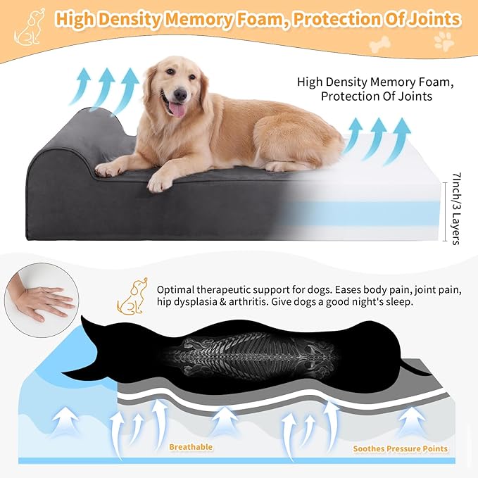Orthopedic Dog Beds for Large Dogs, 7" Memory Foam Dog Beds with Waterproof Liner, Chew Proof Microsuede Cover, Removable and Washable, Nonskid Bottom, 48"x30" L Grey